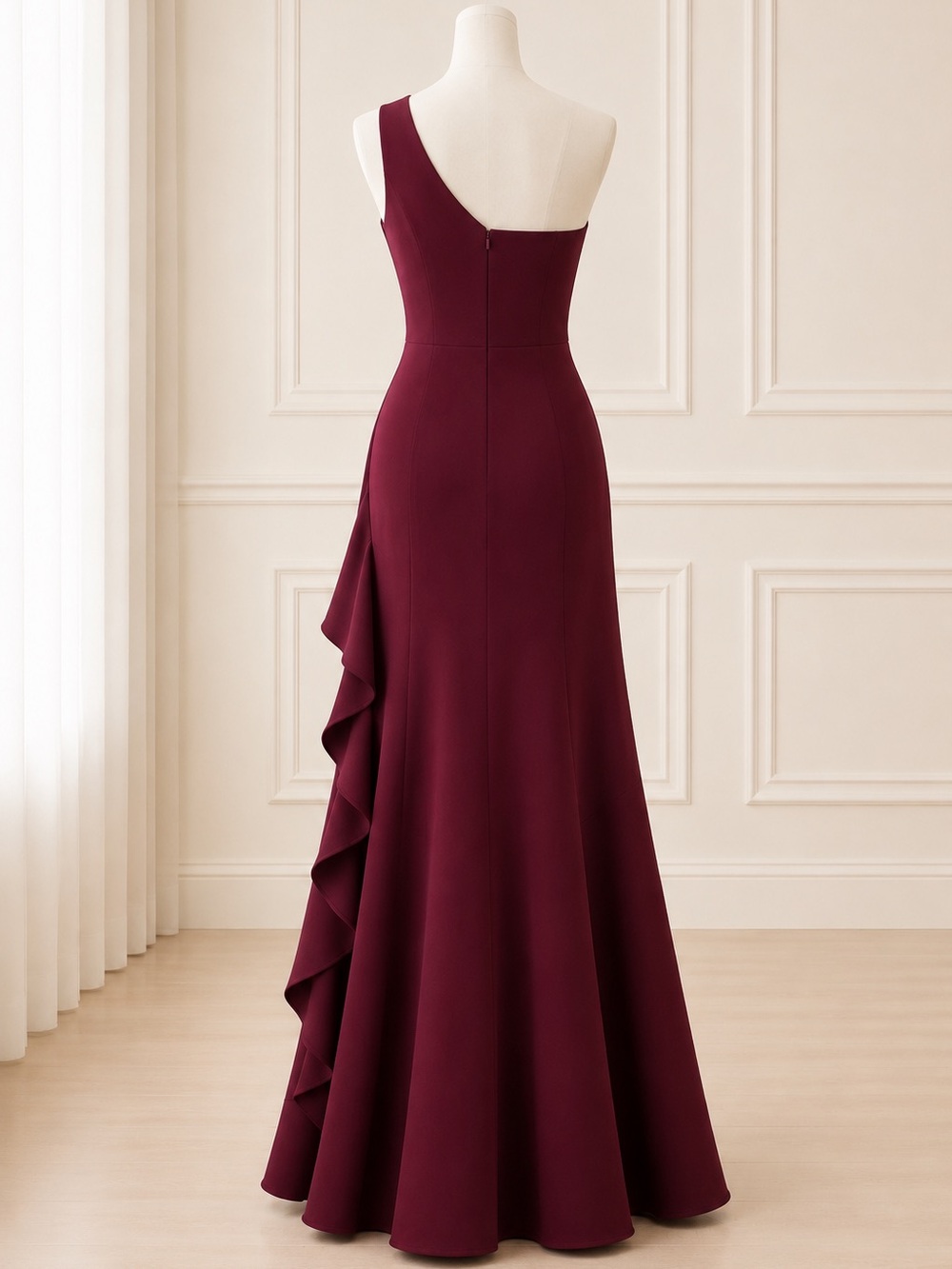 Ieena for Mac Duggal 49089 Berry One Shoulder Ruffle Gown Sz 6 MSRP $358 - Picture 4 of 5